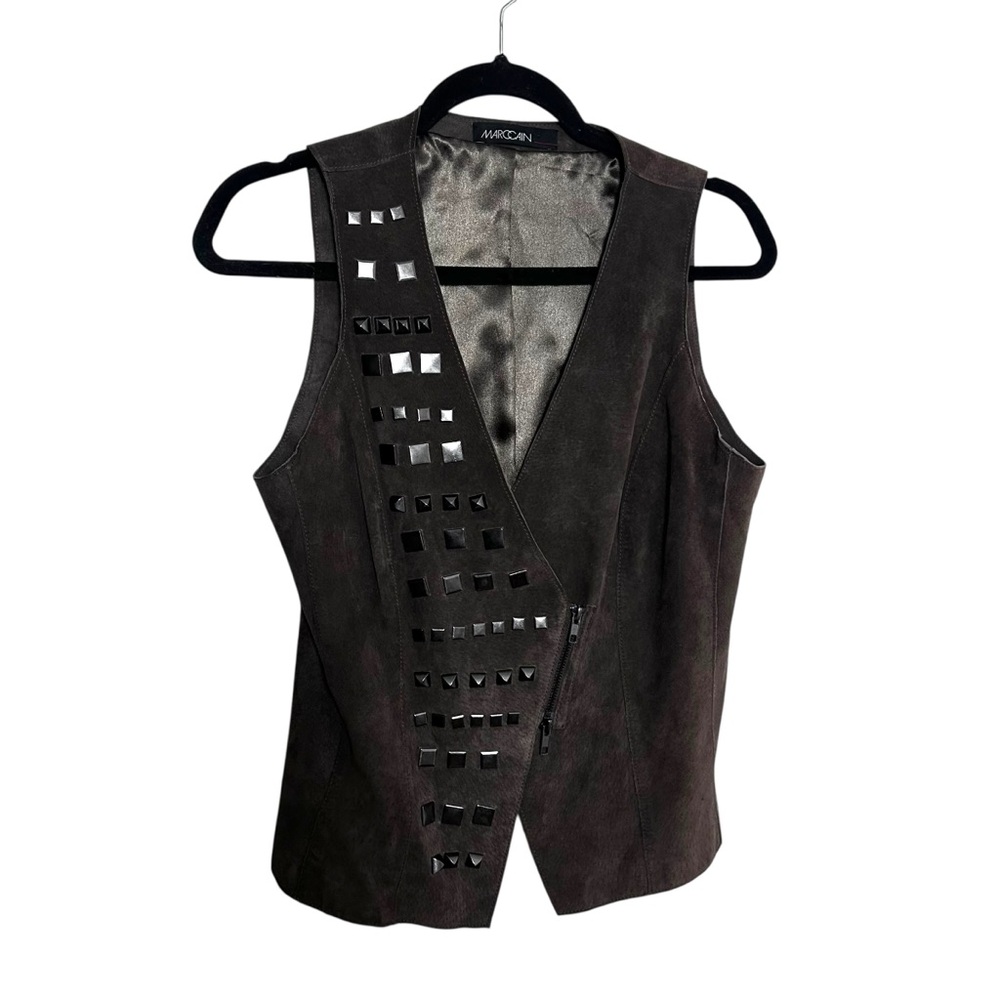 Marc Cain 100% Leather Studded Moto Vest Brown Size N4 US 8